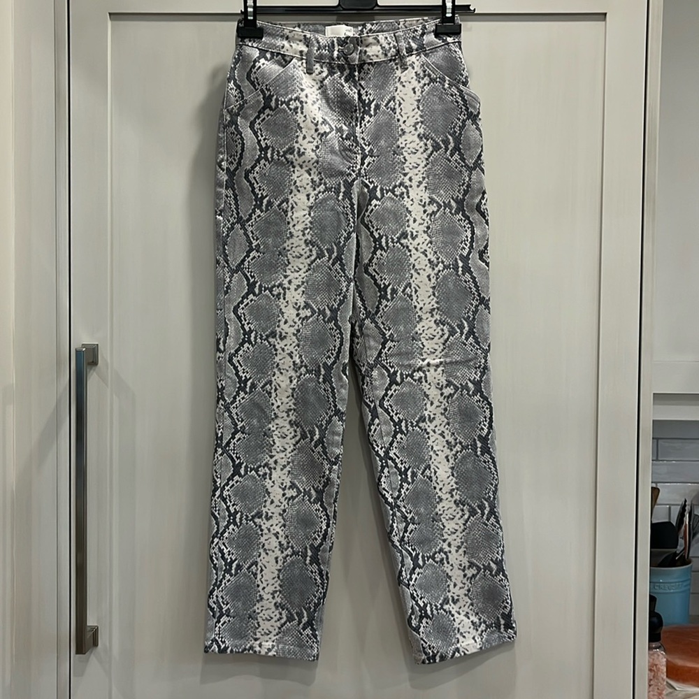 NWOT Wilfred reptile print button fly high waist denim barrel leg jeans.